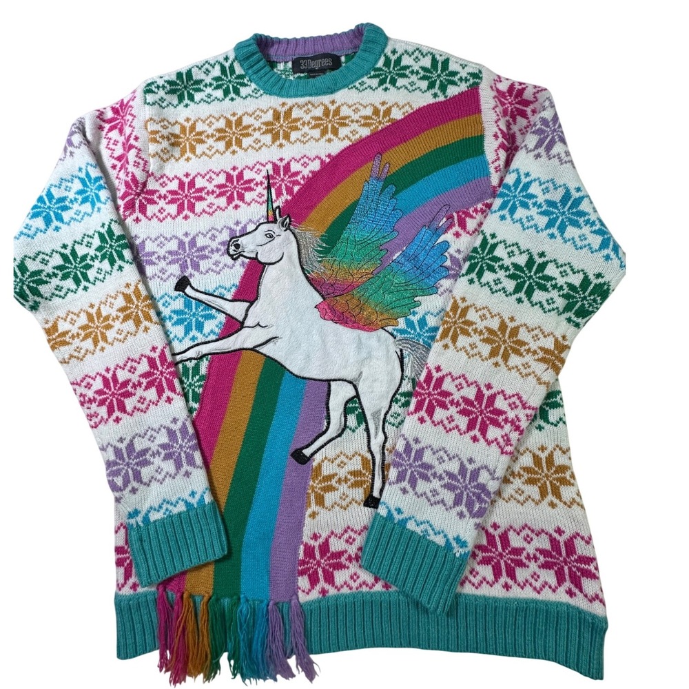 33 Degrees Unicorn Rainbow Fair Isle Fringe Sweater Small whimsical